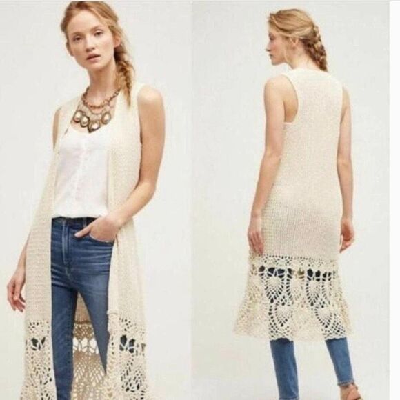 Anthropologie Hand Knit by Dollie crochet long vest duster Sz‎ S cream boho - Picture 1 of 8
